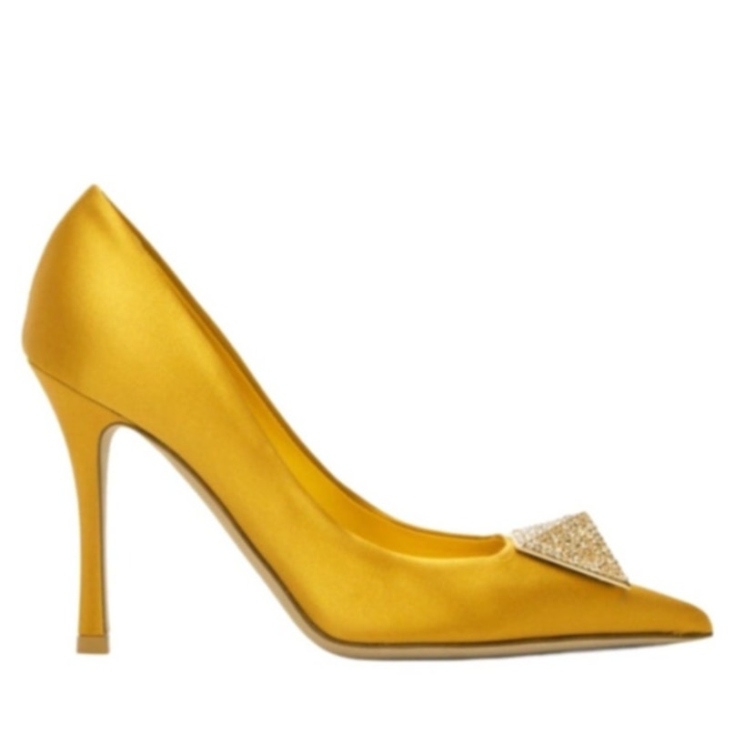 Valentino Garavani Yellow Crystal One Stud Pointed-toe Satin Pumps 39.5