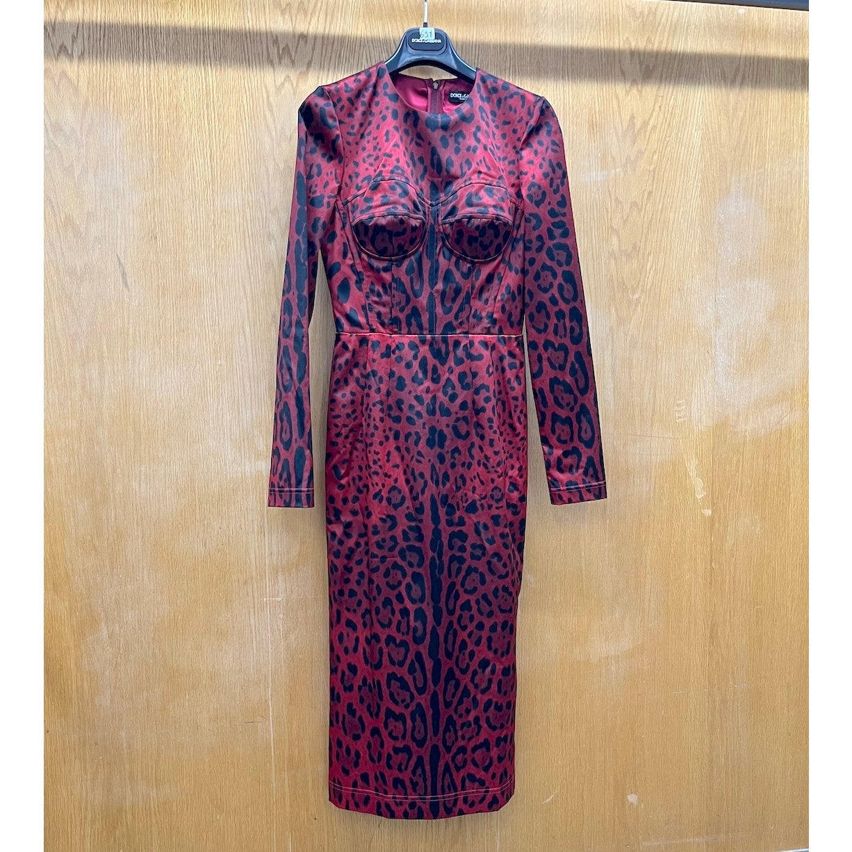 NWT Dolce & Gabbana Red Tubino bustier  Leopard-Print Satin Midi Dress 40 S