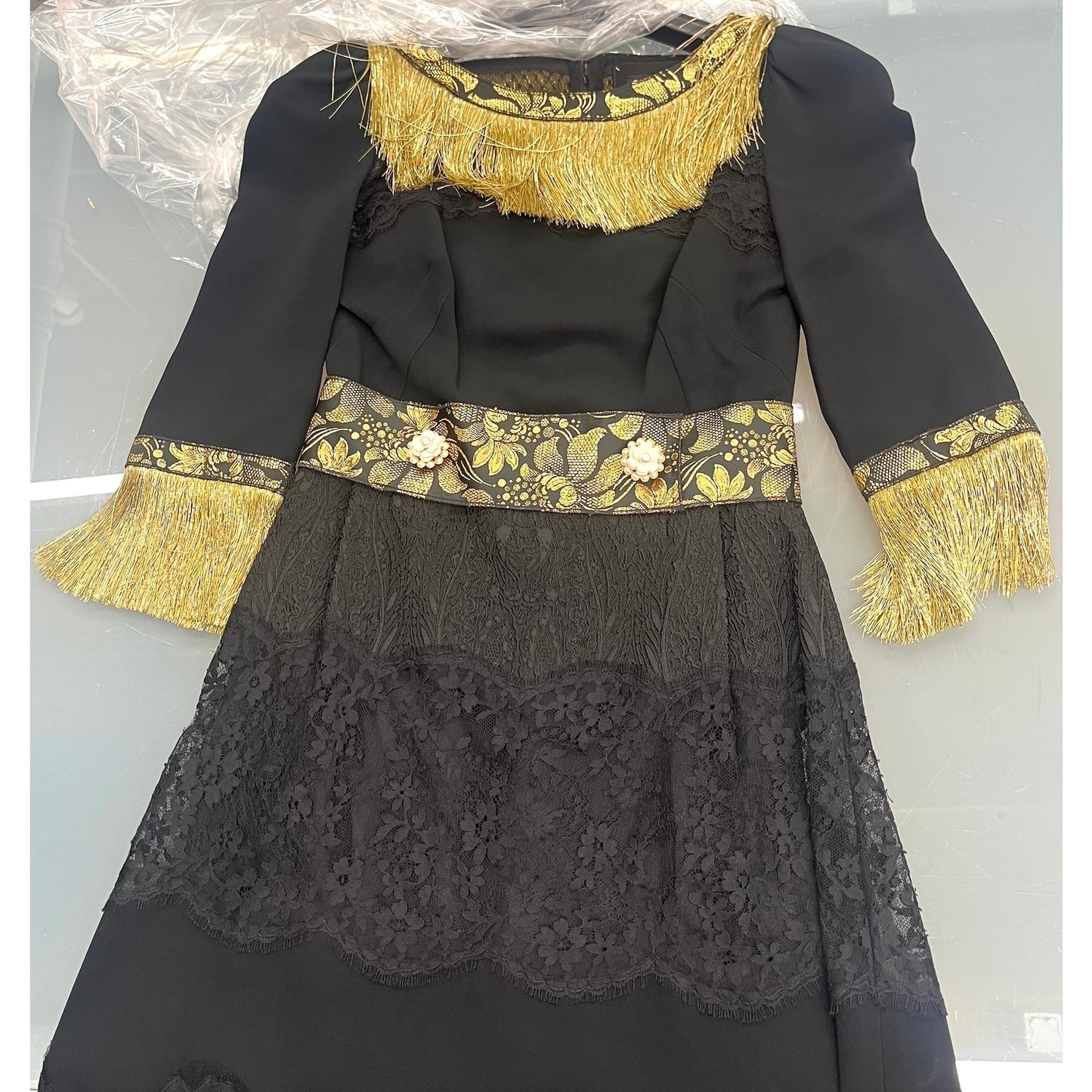 NWT Dolce & Gabbana Black Gold Fringe Mini Lace dress IT 42 M