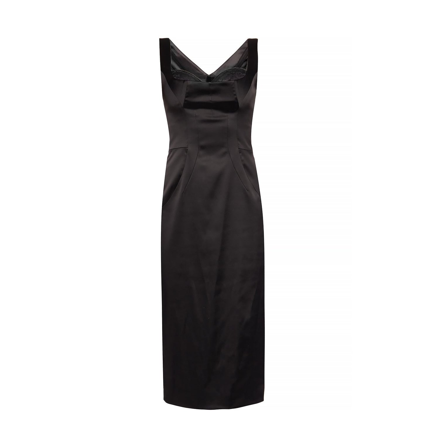DOLCE & GABBANA Black Stretch Satin Sweetheart Bodycon Dress Midi 42 M