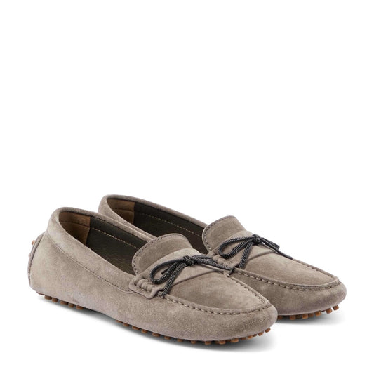 Brunello Cucinelli Monili embellished Suede Moccasins Loafers Grey 37.5