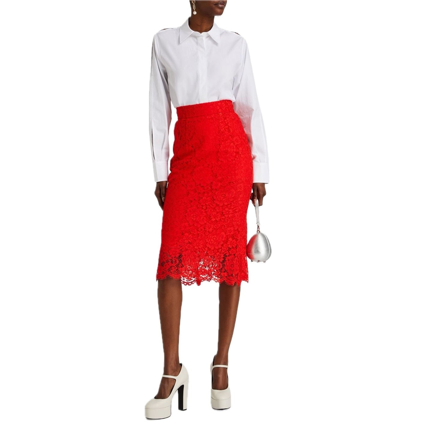 NWT Dolce & Gabbana Red corded Lace Midi Skirt IT 38 US XS