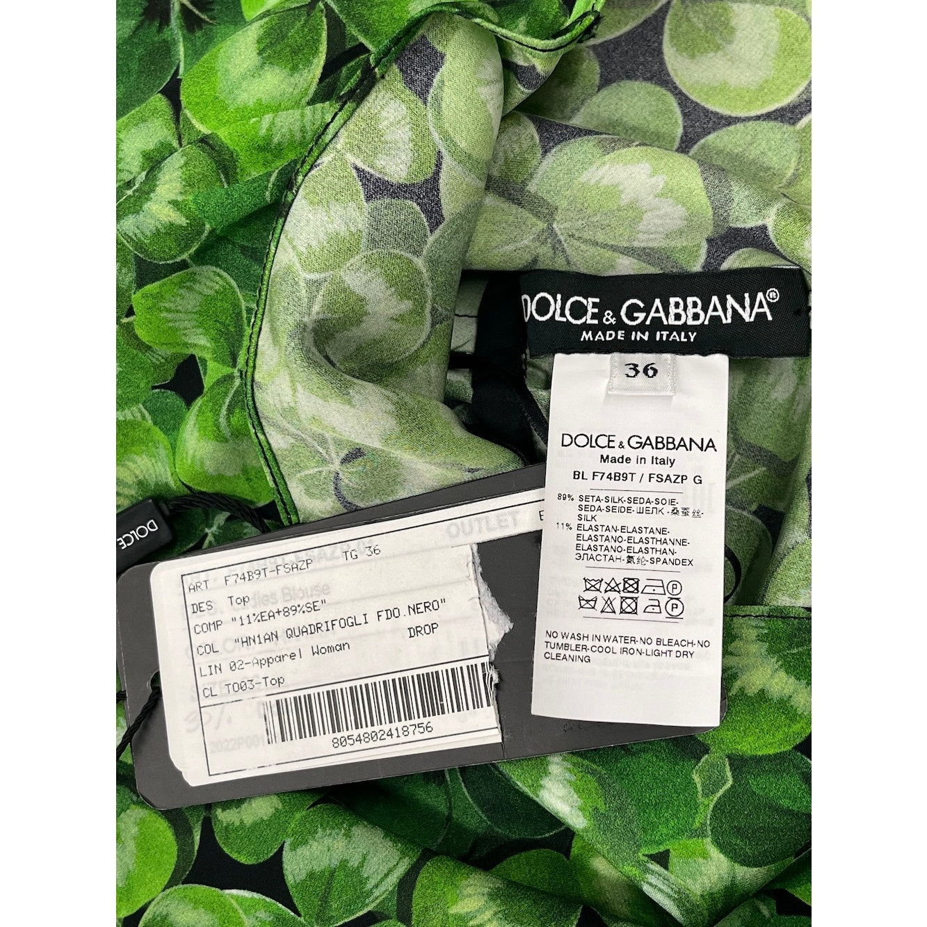 NWT Dolce & Gabbana Green Clover Print Blouse Silk IT 36 XXS