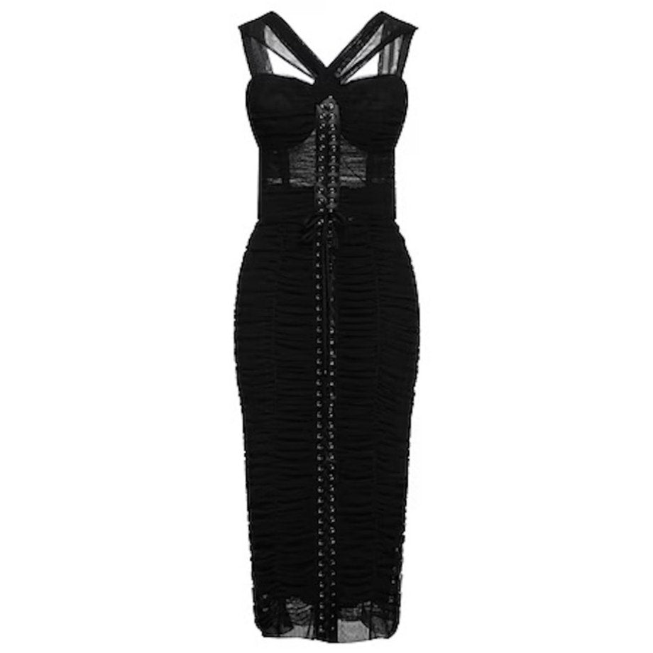 NWT Dolce & Gabbana Black lace-up corset midi Tulle Ruched Bustier Dress 40 S