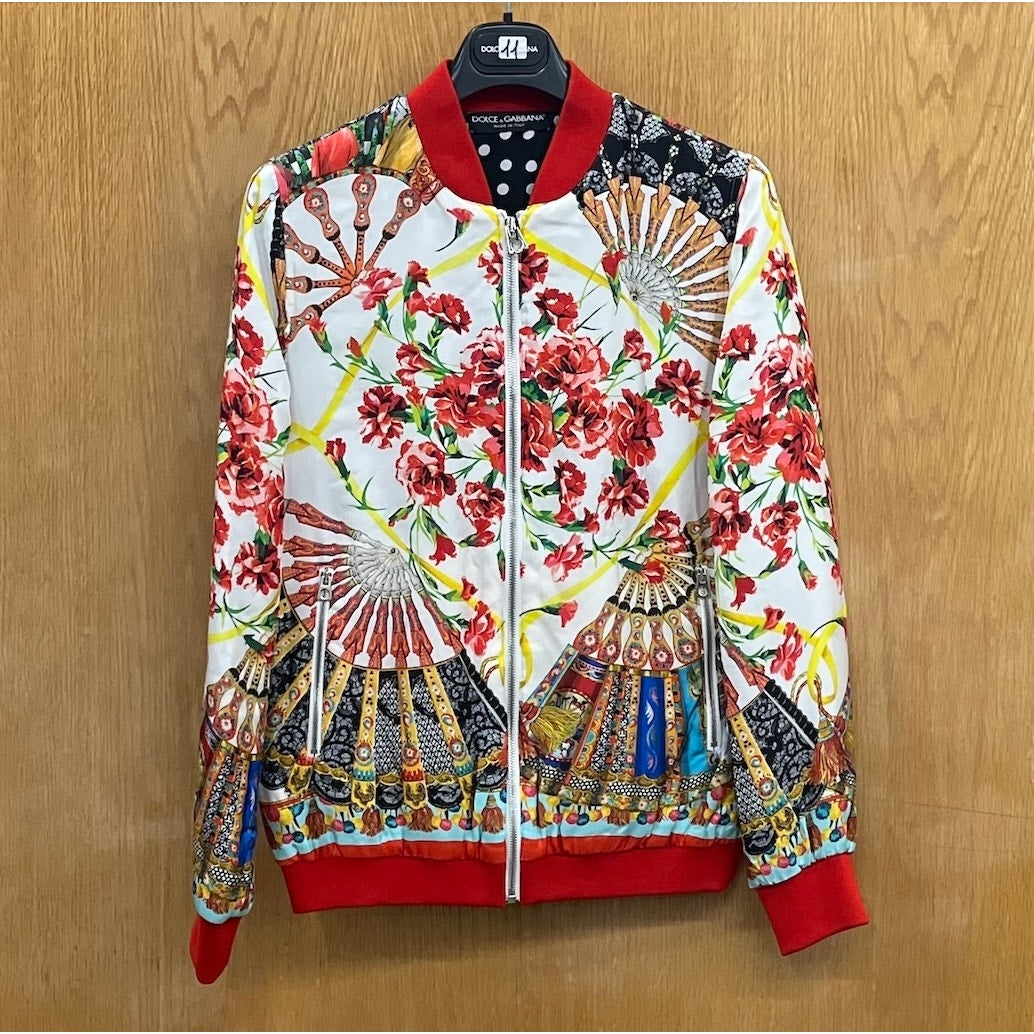 NWT Dolce & Gabbana Cream Red Printed Silk Bomber Jacket Multi IT 38 US XS