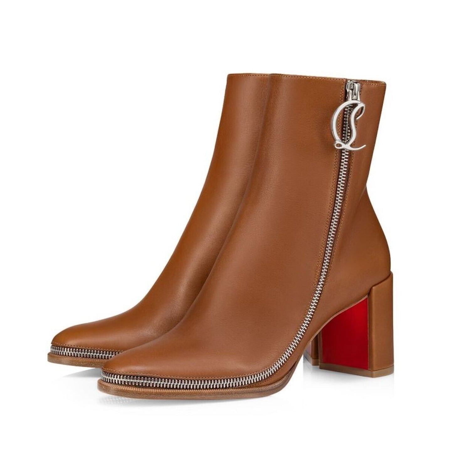 Christian Louboutin CL Zip Leather Ankle Boots Booties Brown 38.5