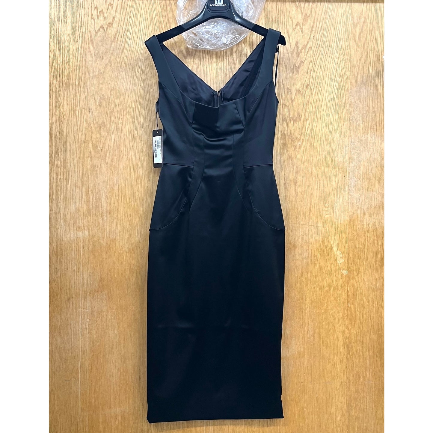 DOLCE & GABBANA Black Stretch Satin Sweetheart Bodycon Dress Midi 42 M
