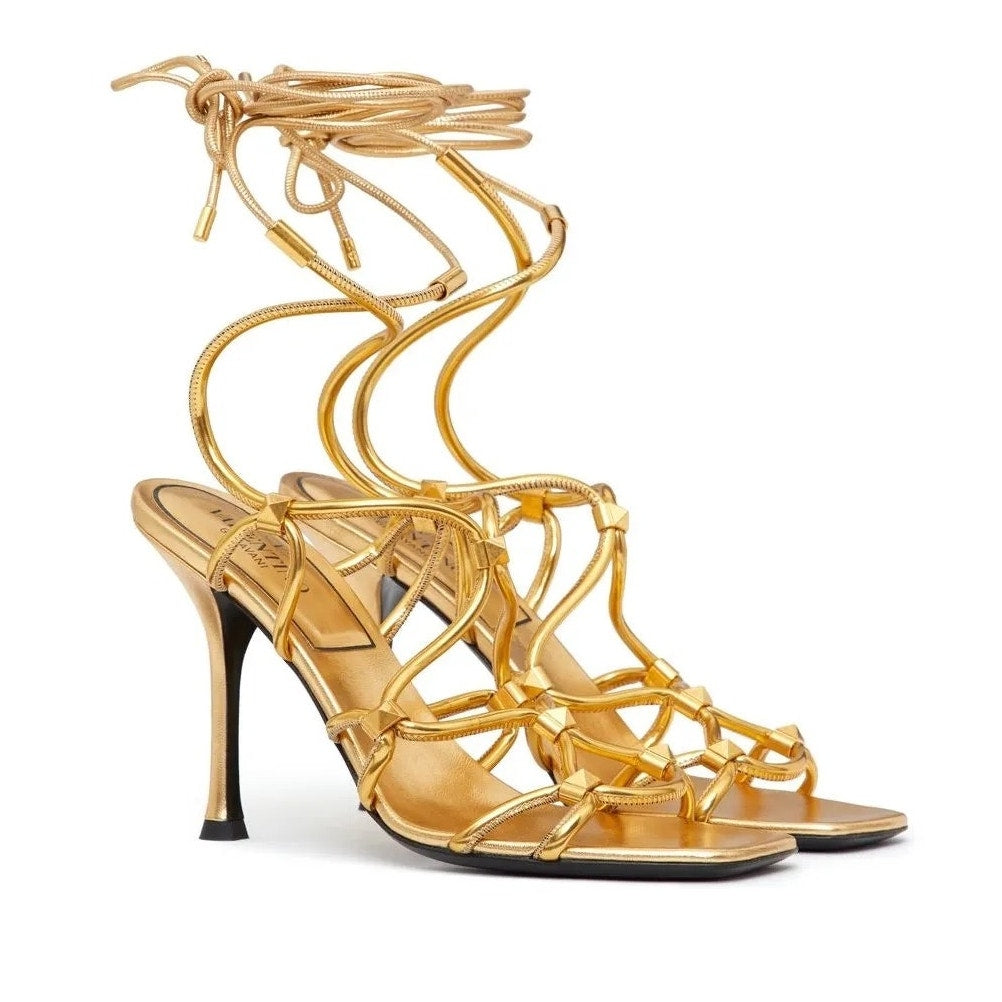 NIB Valentino Garavani Rockstud Net lace-up Heel Leather Sandals 36