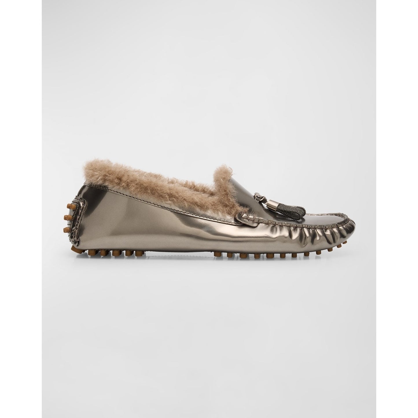 Brunello Cucinelli Monili-embellished Metallic Lamb Shearling Fur Driver Loafers