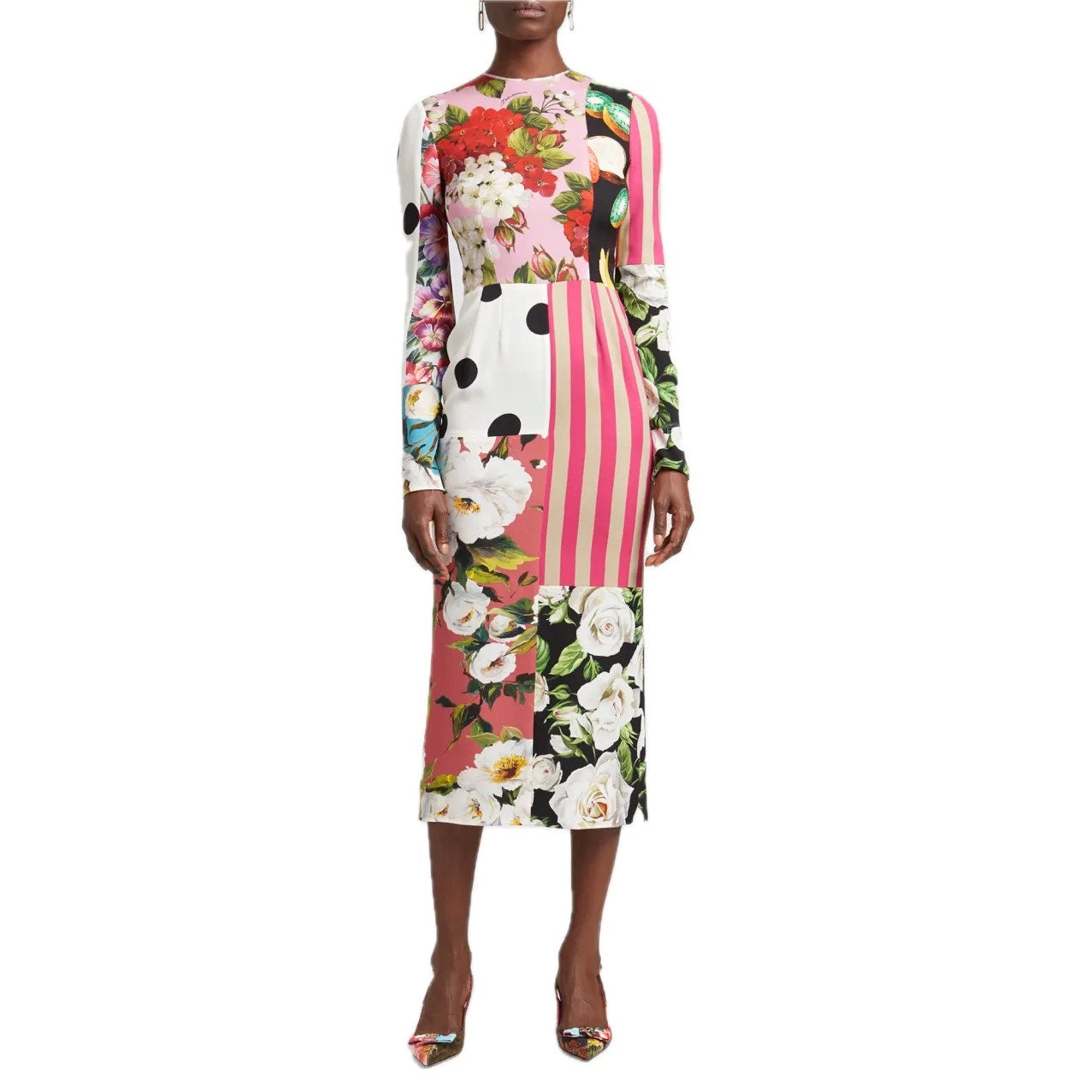 NWT Dolce & Gabbana Runway Multicolor Patchwork Long Sleeve Midi Dress IT 40 S