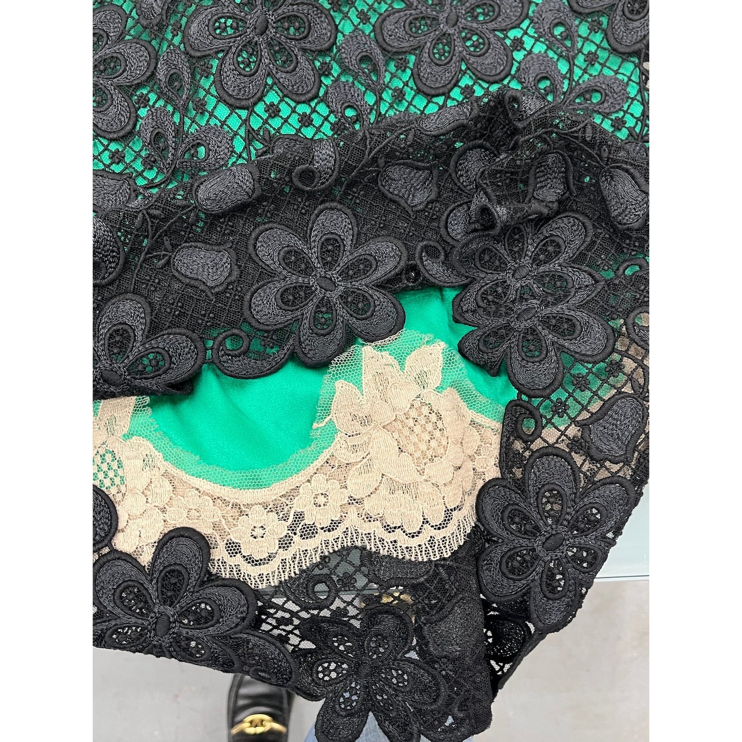 Dolce & Gabbana Black Green Long-Sleeve Lace Dress Contrast Slip