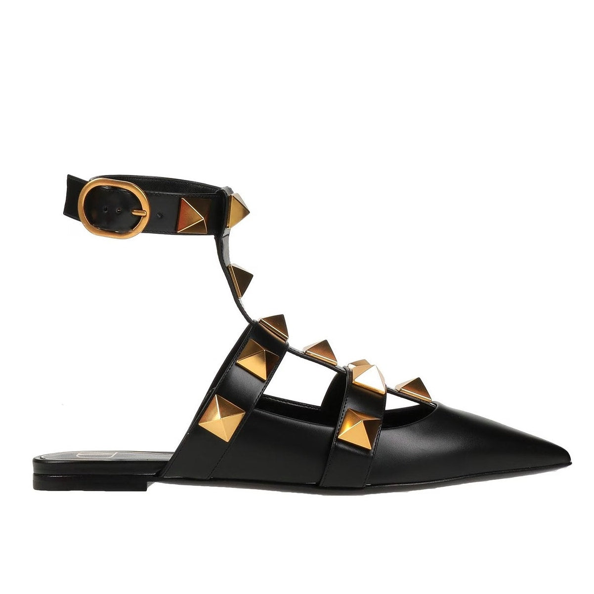Valentino Garavani Black Roman Stud Flat Leather Ankle Strap Gold 35