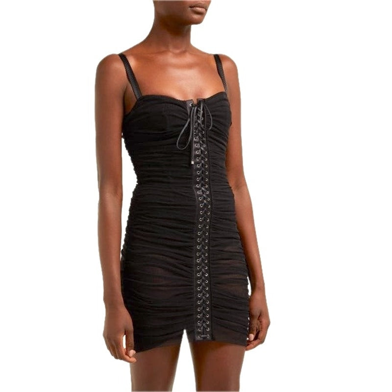 DOLCE & GABBANA Black Ruched Tulle Lace-Up Corset Dress Mini 42 M
