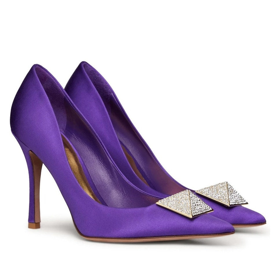Valentino Garavani Purple Crystal One Stud Pointed-toe Satin Pumps 39.5
