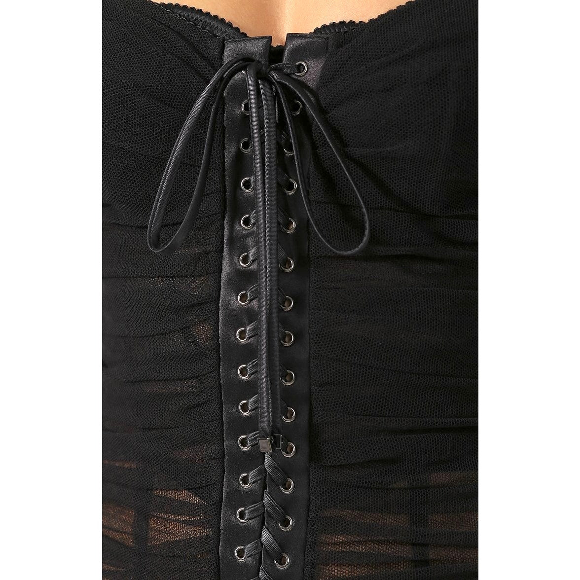 DOLCE & GABBANA Black Ruched Tulle Lace-Up Corset Dress Mini 42 M