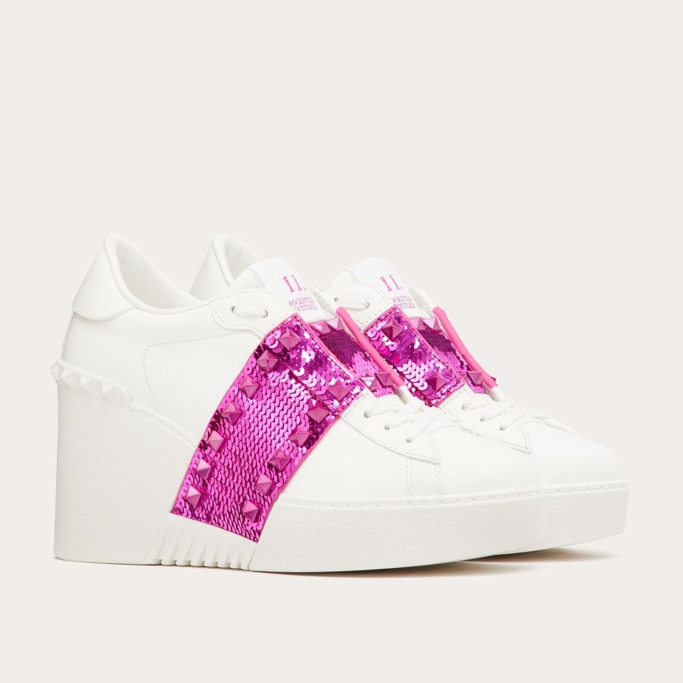 Valentino Garavani White Open Disco Platform Wedge Sequin Sneaker