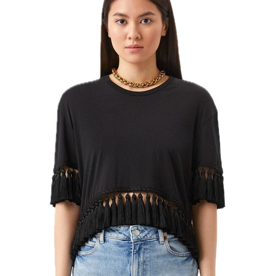 NWT Dolce & Gabbana Black Tassel Trimmings Jersey T-Shirt IT 38 XS