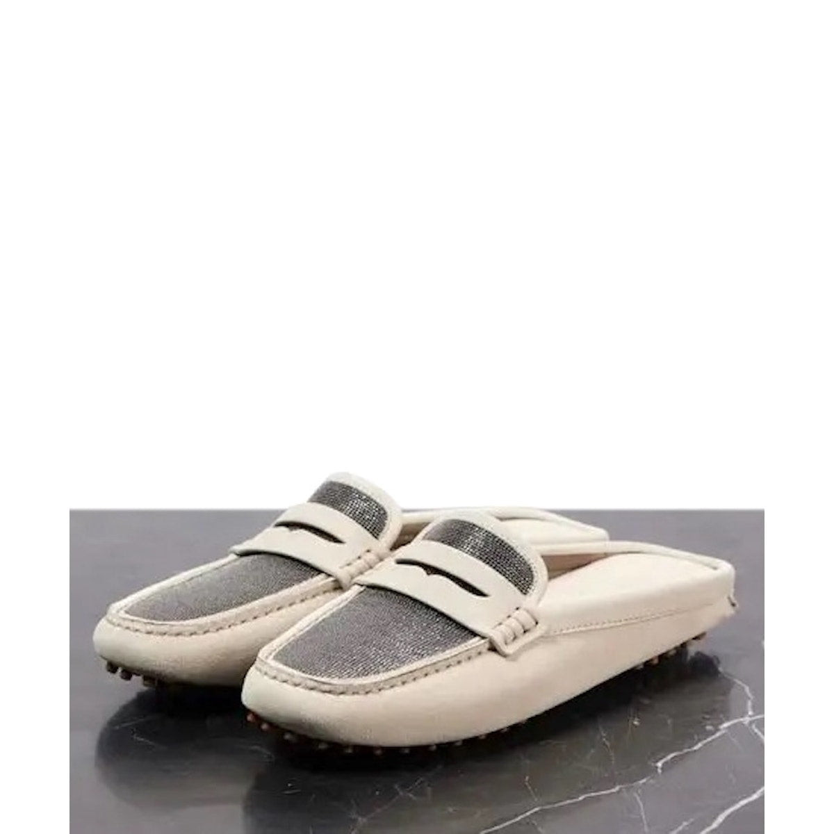 Brunello Cucinelli Monili Suede Driving Mules Beige