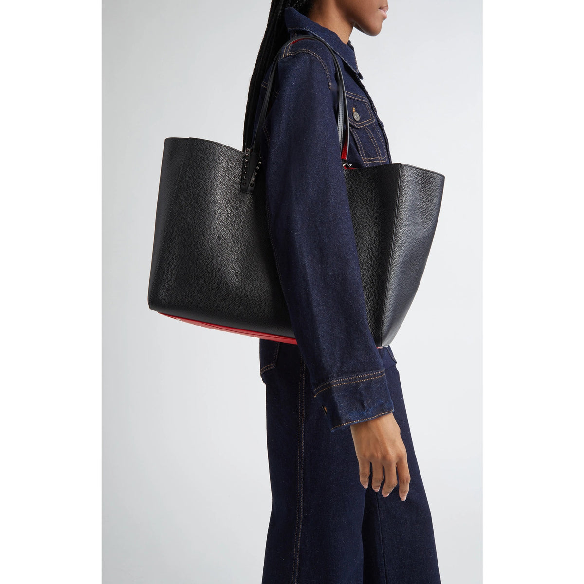 Christian Louboutin Cabata Calf leather spikes Tote Bag Black Red
