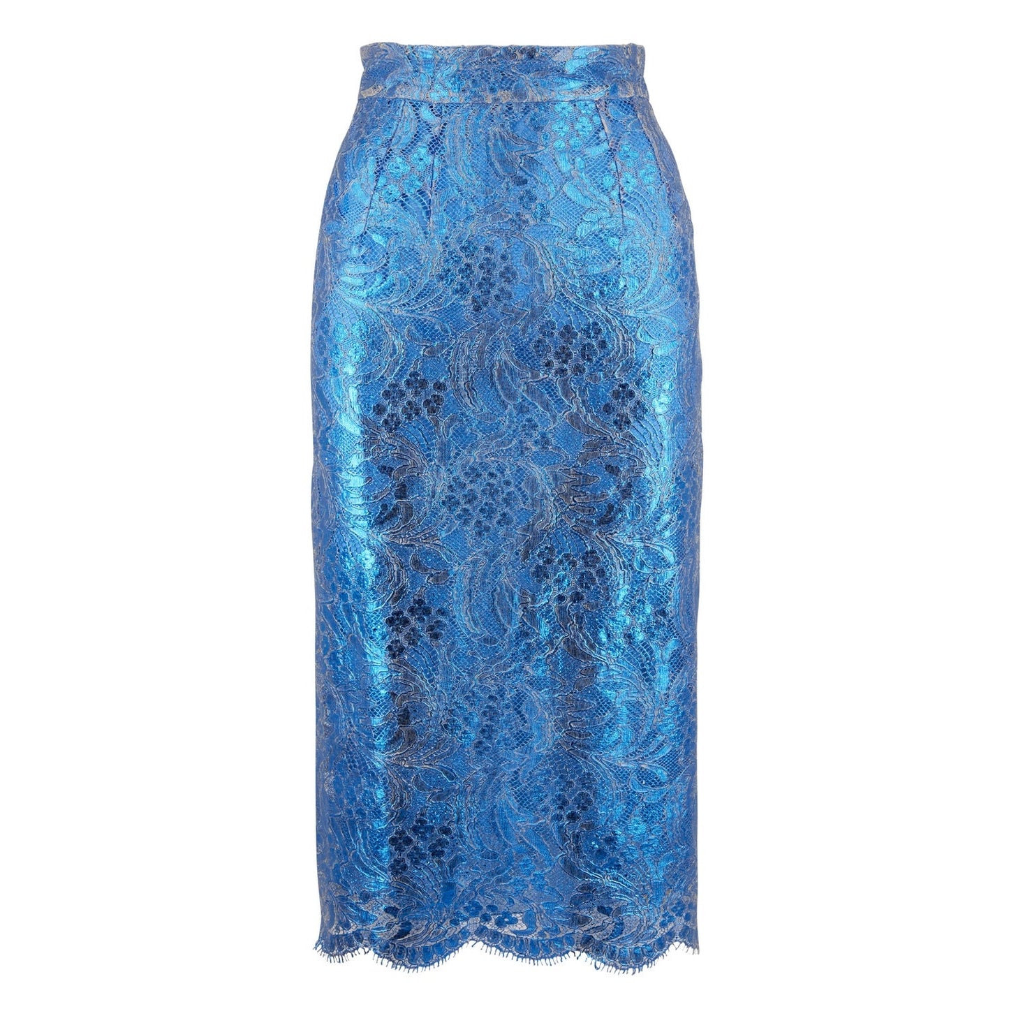 NWT Dolce & Gabbana Blue Metallic Coated Lace Pencil Skirt IT 38 US XS