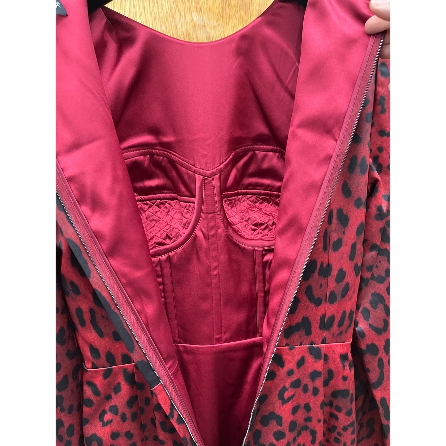 NWT Dolce & Gabbana Red Tubino bustier  Leopard-Print Satin Midi Dress 40 S