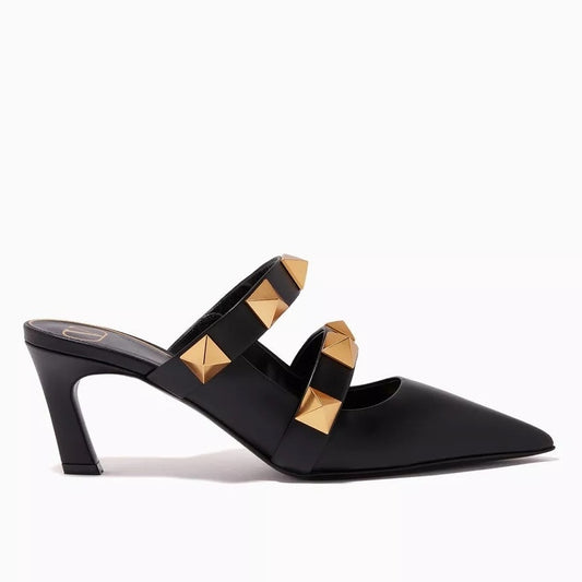 Valentino Garavani Black Roman Stud Leather Mules Gold