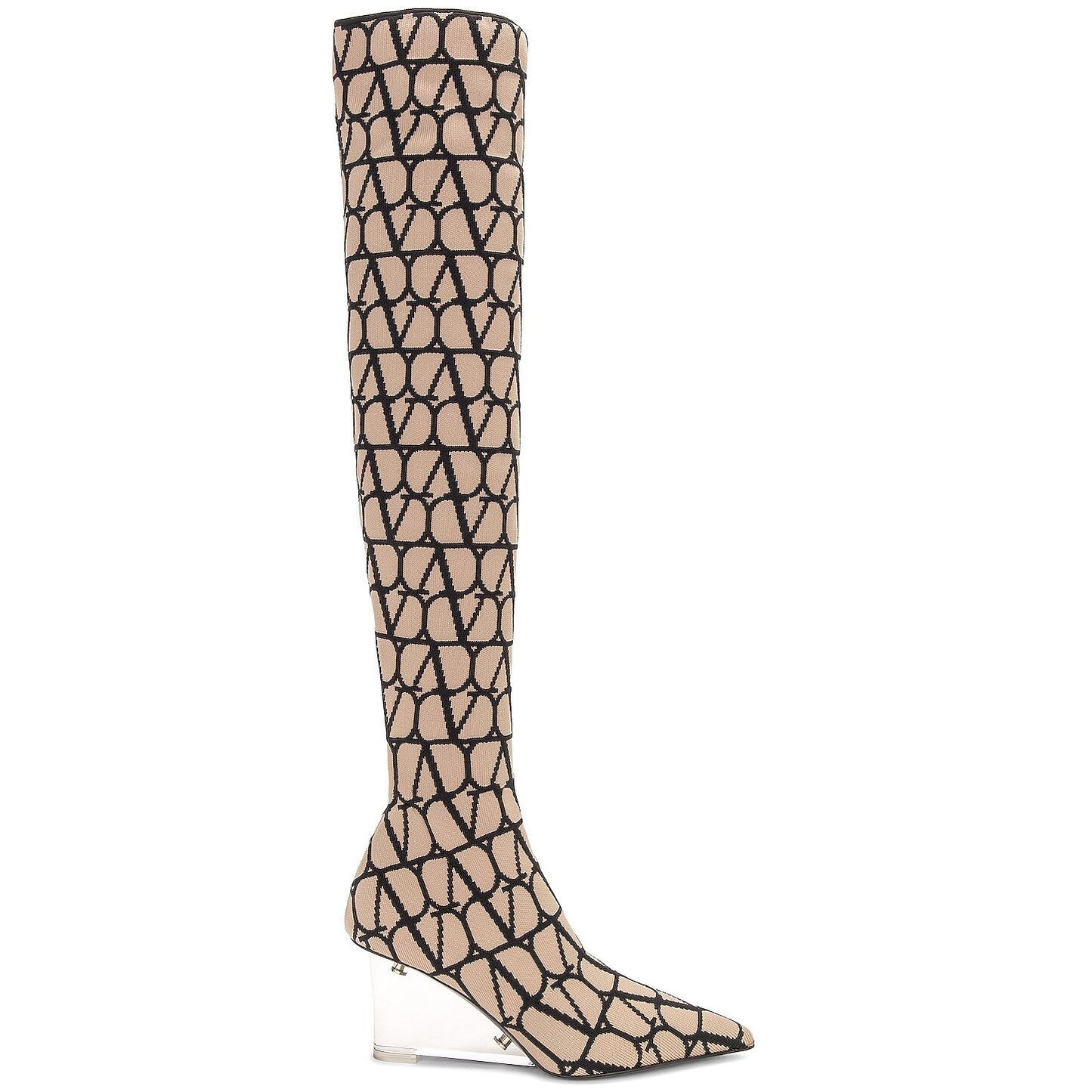 Valentino Garavani Iconographe Stretch Knit Over The Knee Boots Beige Black