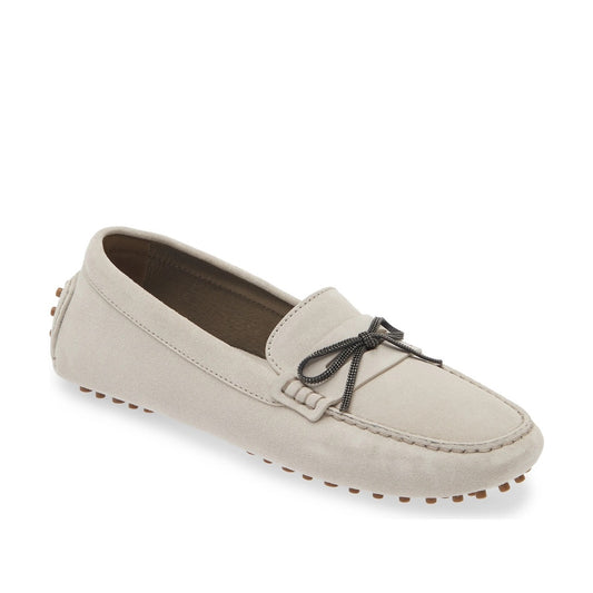 Brunello Cucinelli Monili embellished Suede Moccasins Loafers Stone
