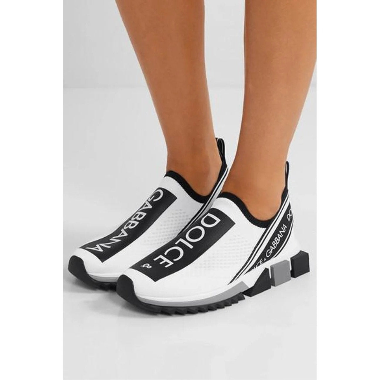 Dolce & Gabbana Sorrento Logo Print Stretch Knit Slip-On Sneakers White Black