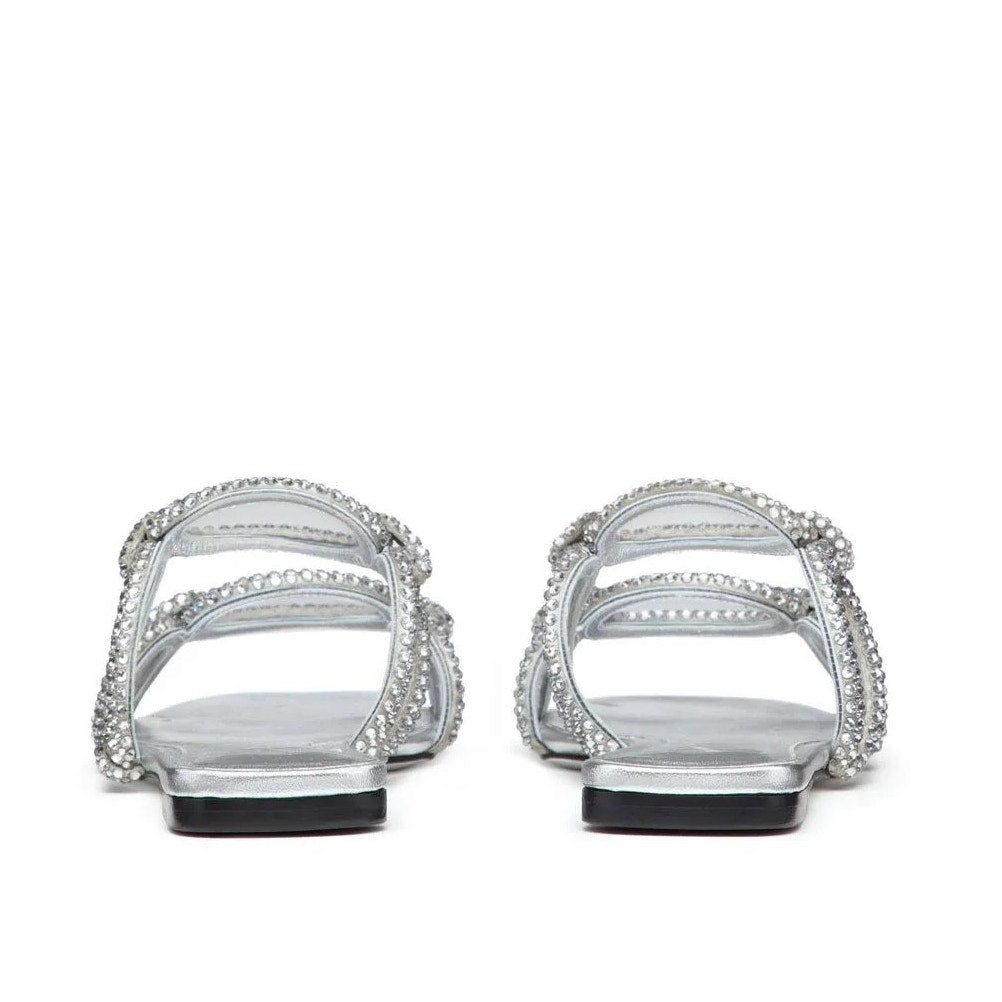Valentino Garavani Silver Chain 1967 Crystal Slip On Slide Flat Sandal
