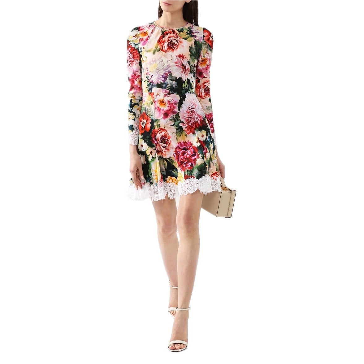 NWT Dolce & Gabbana Lace Trimmed Floral Crepe Mini Dress Multi IT 40 / S