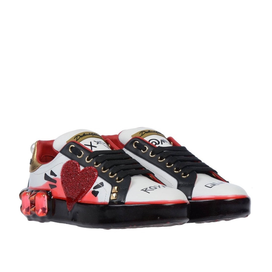Dolce & Gabbana Portofino Calfskin Heart Rhinestone Sneakers White Red