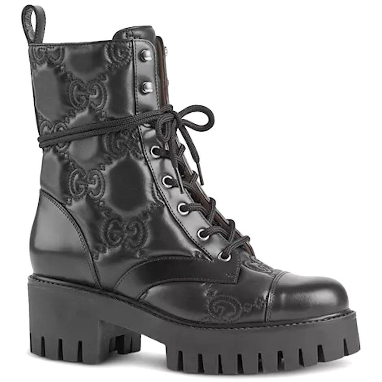 Gucci Women's GG Matelassé Leather Quilted Platform Combat Boots Black