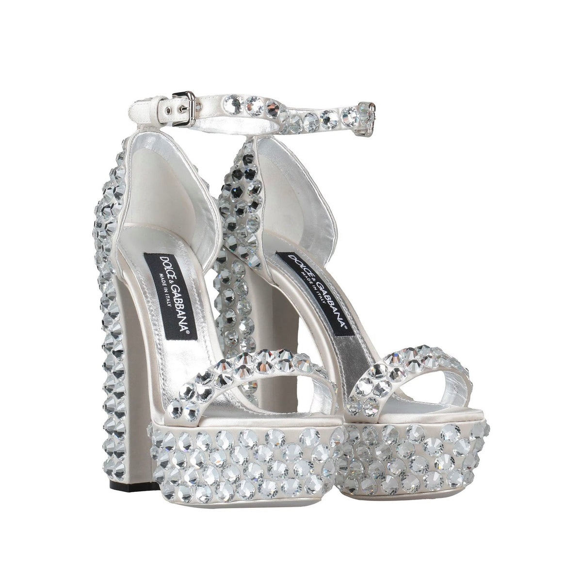 DOLCE & GABBANA Crystal Metallic Leather Platform Heeled Sandals Silver 38