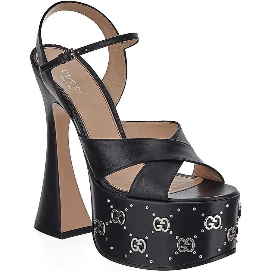 Gucci GG Embellished Black Platform sandal Silver Interlocking G Studs 37