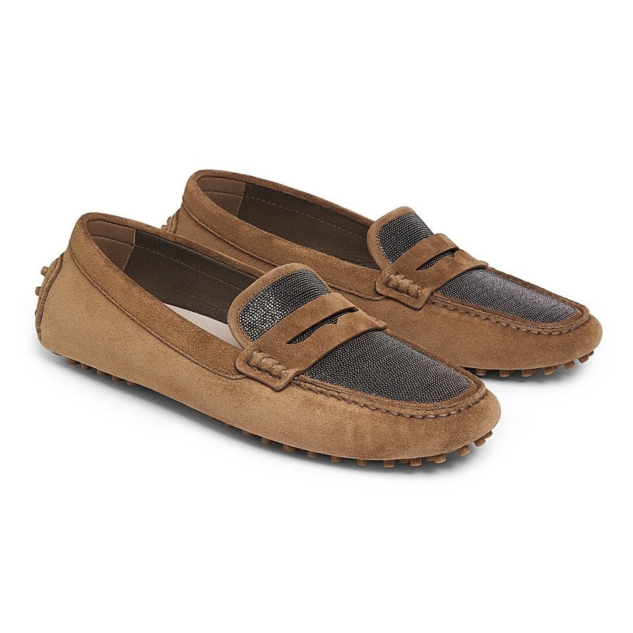 Brunello Cucinelli Monili Suede Moccasins Penny Loafers driving shoes Brown