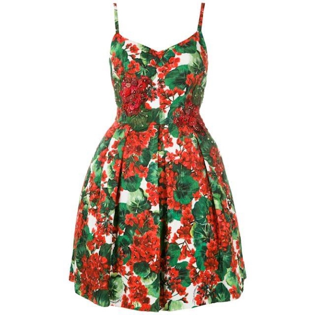 NWT Dolce & Gabbana Red Floral Geranium Pleated Mini Dress IT 42 M