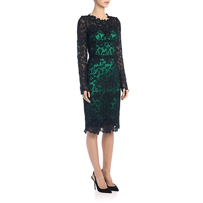 Dolce & Gabbana Black Green Long-Sleeve Lace Dress Contrast Slip