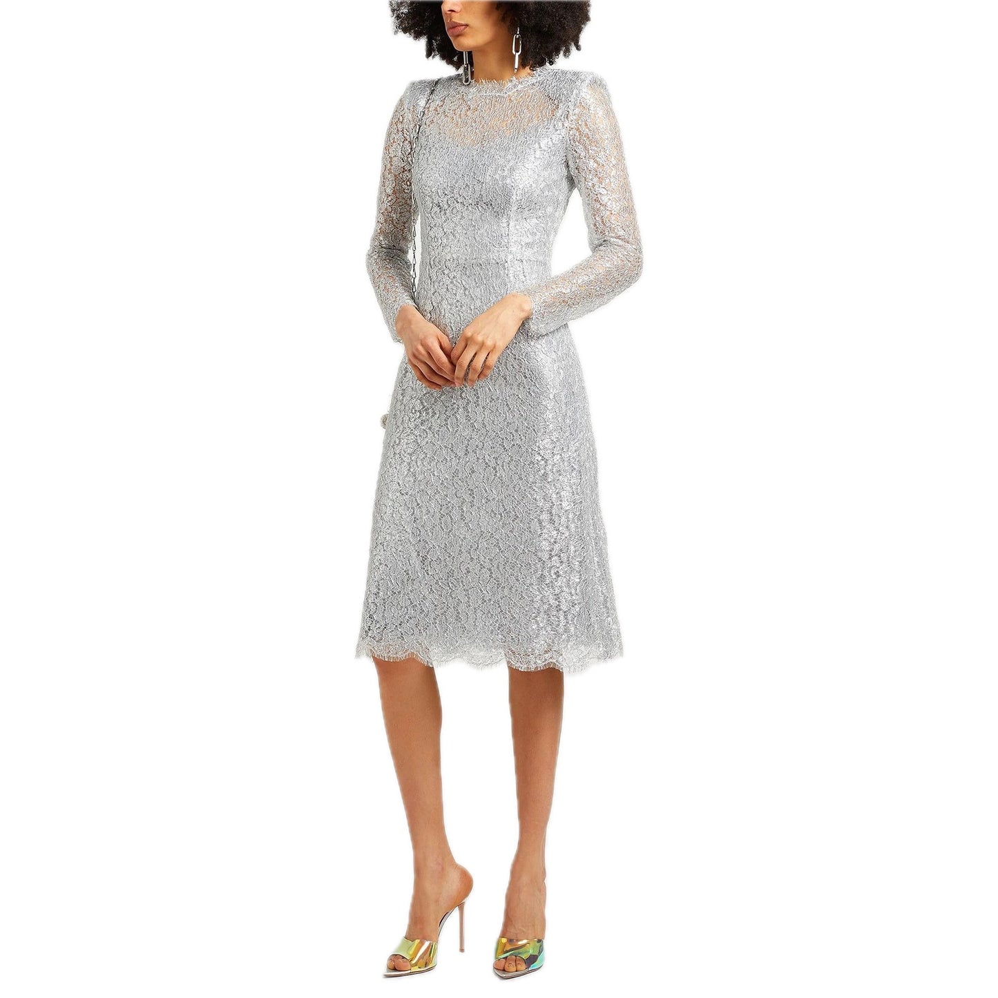 NWT DOLCE & GABBANA Cordonetto Lace Midi Dress Long Sleeves Silver 40 S