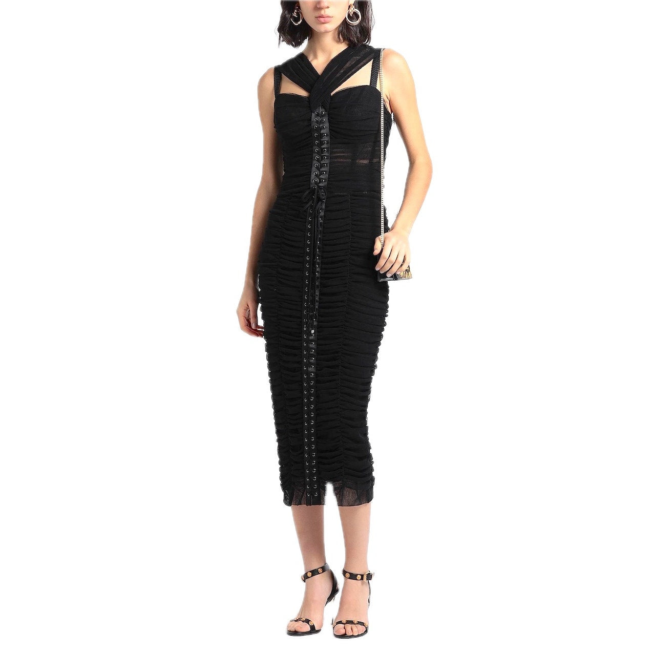 NWT Dolce & Gabbana Black lace-up corset midi Tulle Ruched Bustier Dress 40 S