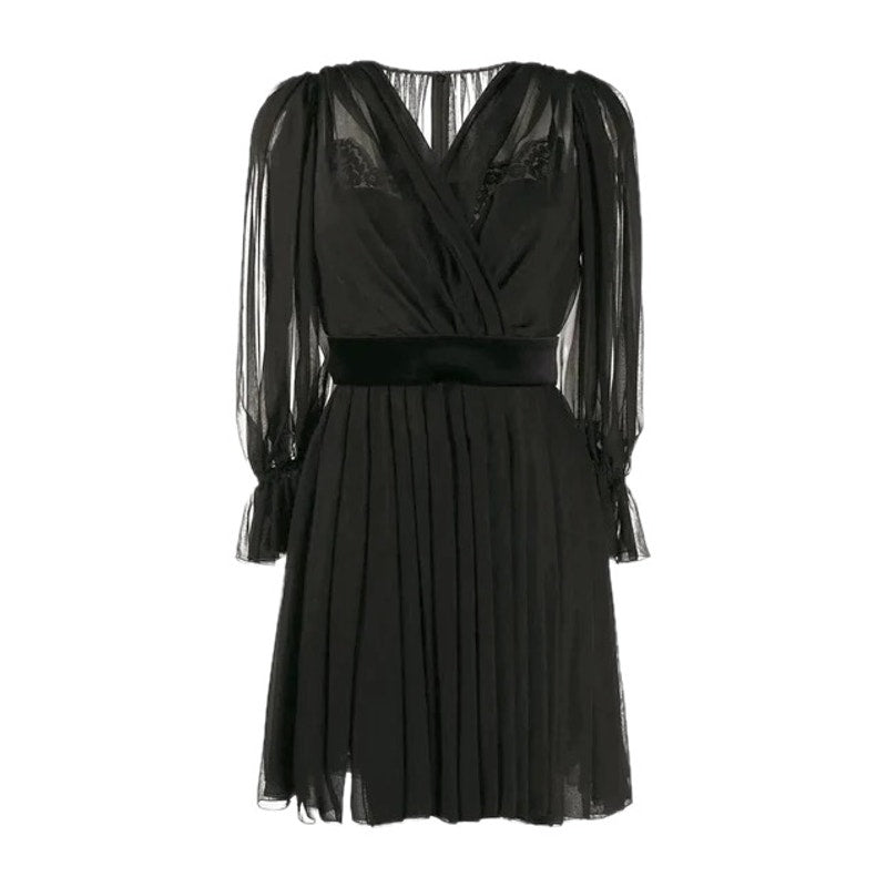 DOLCE & GABBANA Black Gathered silk-blend chiffon Mini Dress 40 S