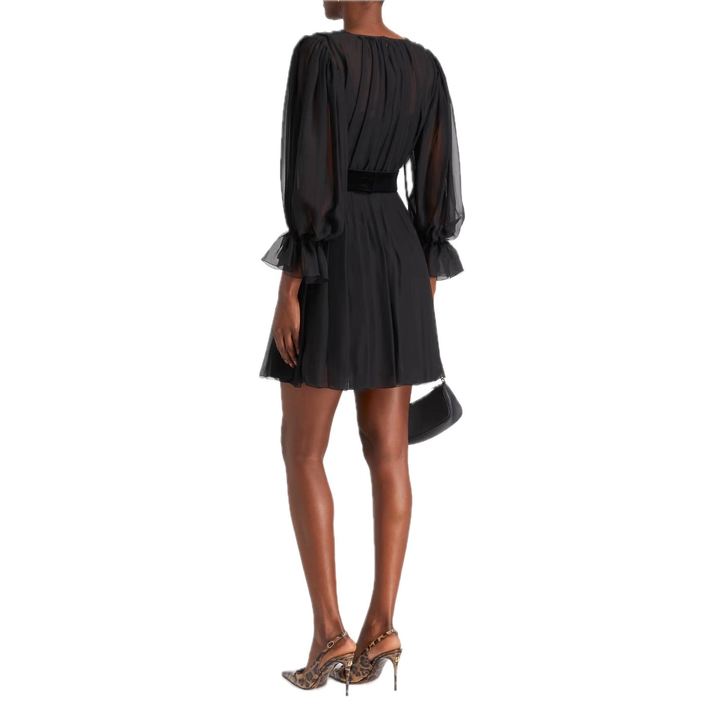 DOLCE & GABBANA Black Gathered silk-blend chiffon Mini Dress 40 S