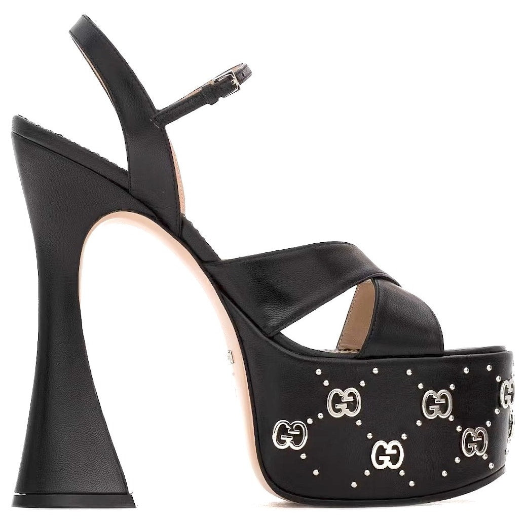 Gucci GG Embellished Black Platform sandal Silver Interlocking G Studs 37