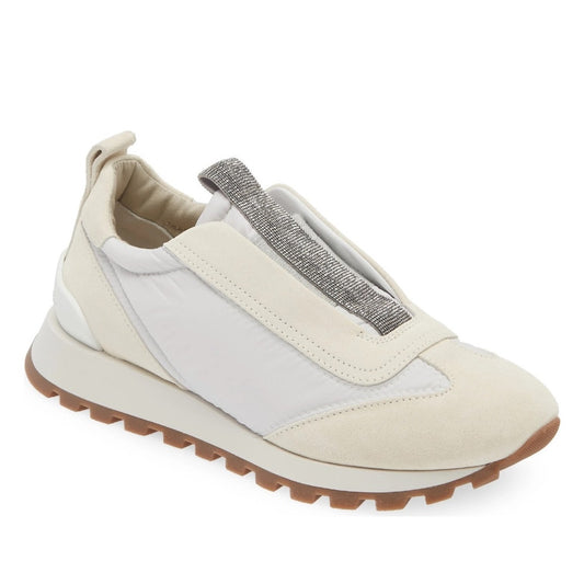 Brunello Cucinelli monili-embellished Suede Techno Fabric slip-on sneakers White