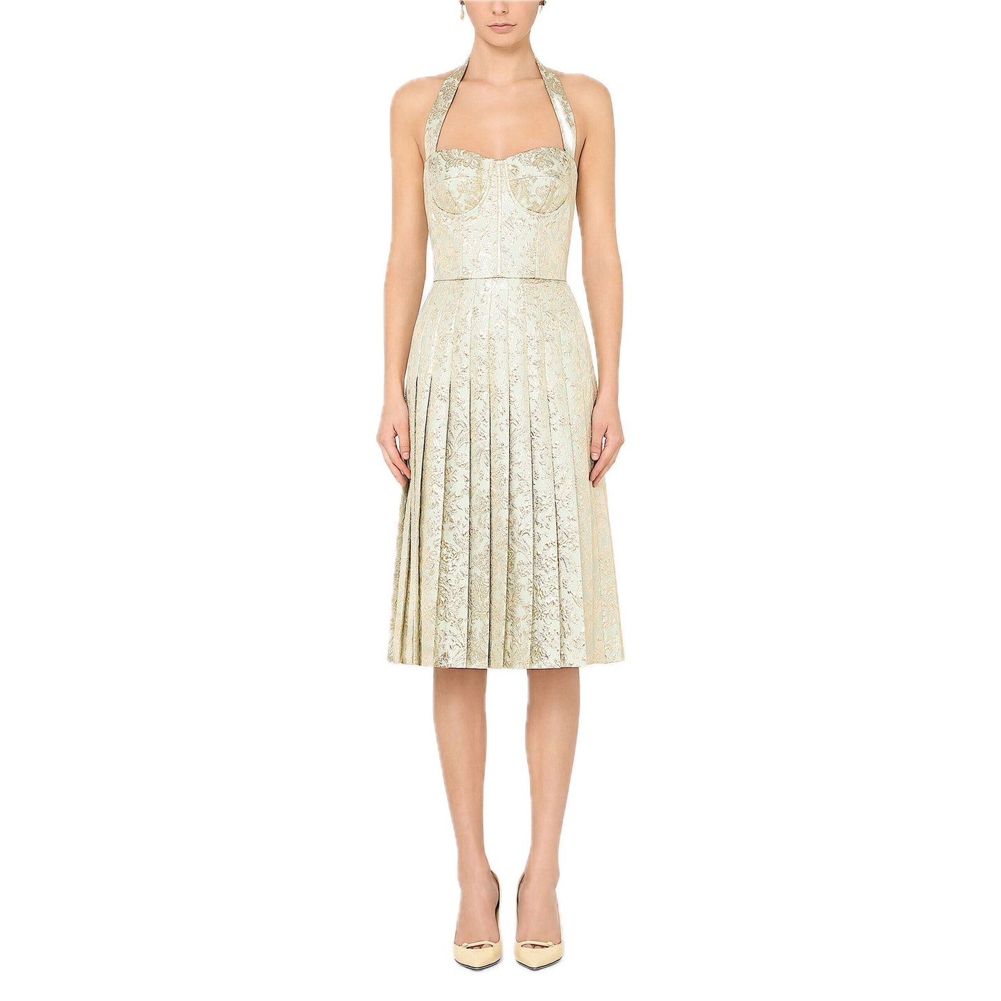 NWT DOLCE & GABBANA Gold Bustier Midi Pleated Dress Lame Jacquard  40 S