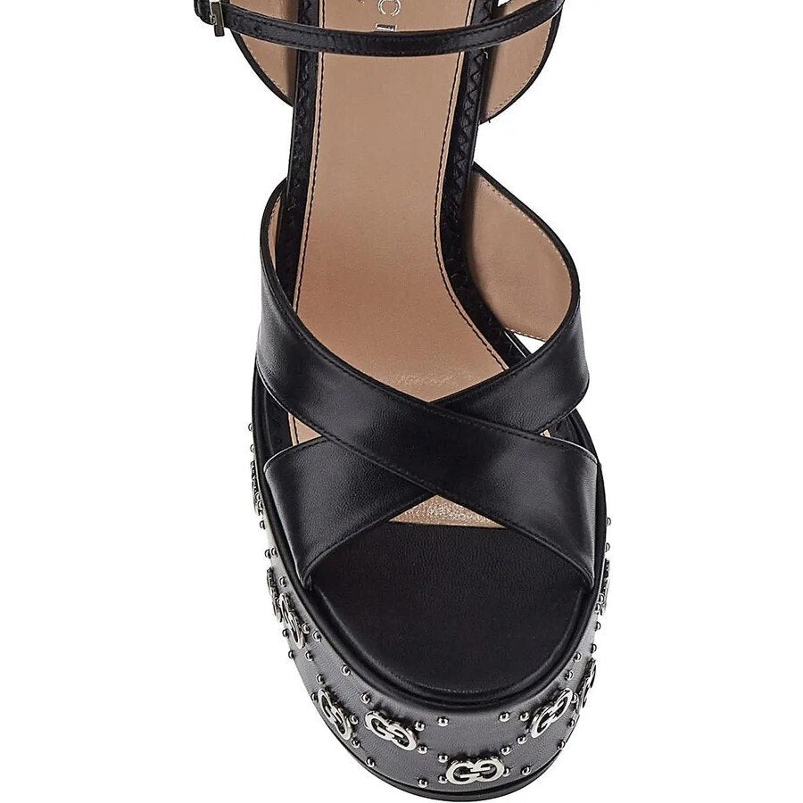 Gucci GG Embellished Black Platform sandal Silver Interlocking G Studs 37