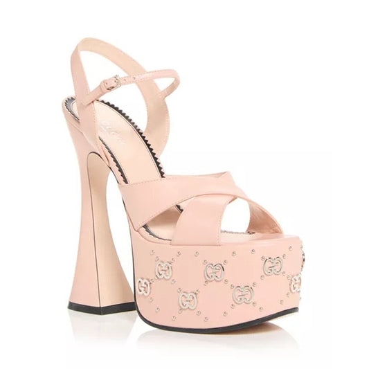 Gucci GG Embellished Pink Platform sandal Silver Interlocking G Studs