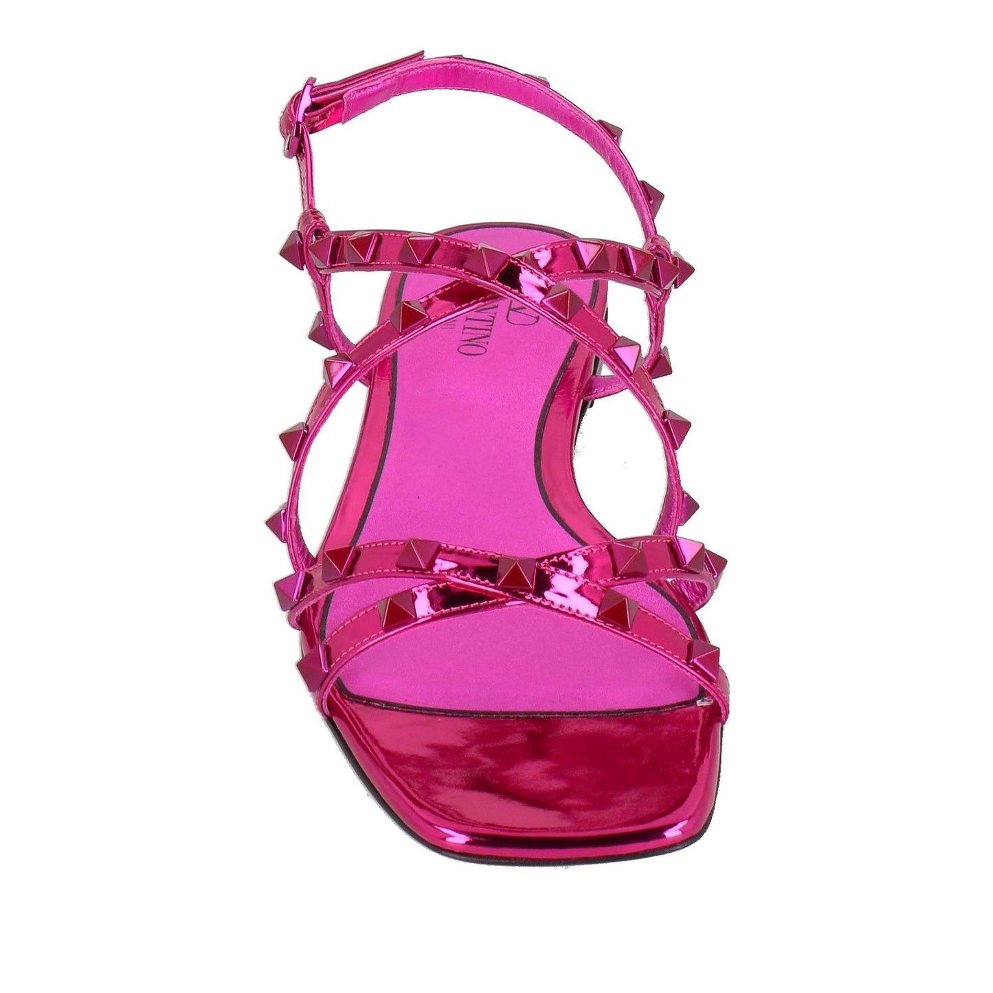 Valentino Garavani Pink Rockstud Mirrored Strappy Flat Sandals