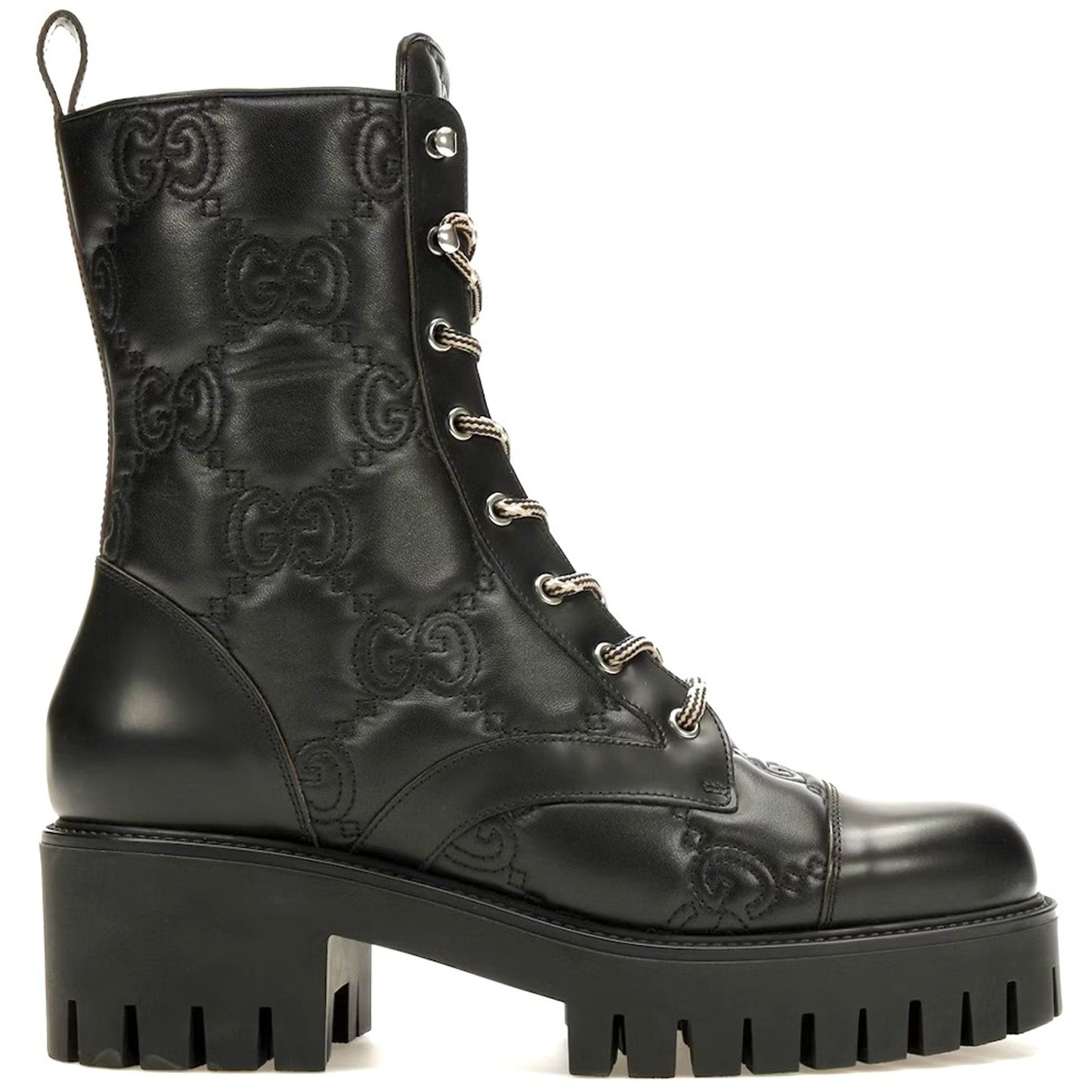 Gucci Women's GG Matelassé Leather Quilted Platform Combat Boots Black
