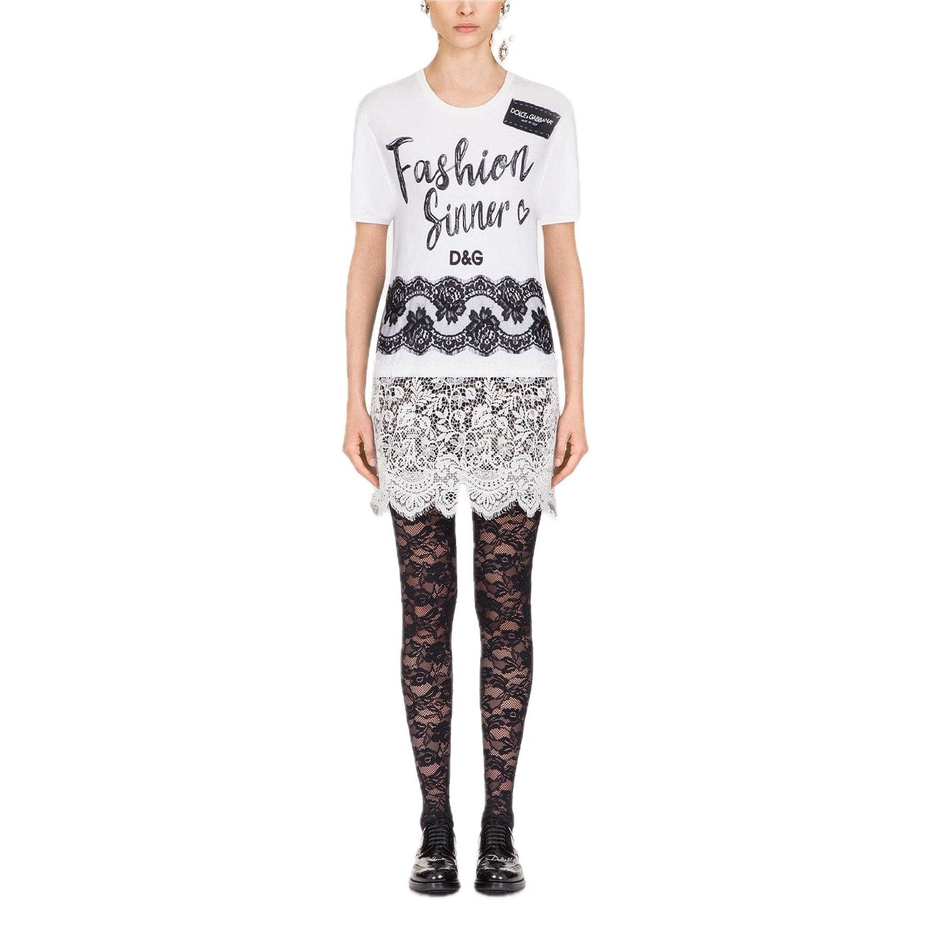 NWT Dolce & Gabbana Oversized Fashion Sinner Lace Trim Long T Shirt 36 XXS